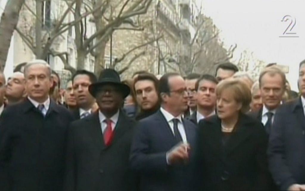 From left, Israeli Prime Minister Benjamin Netanyahu, Mali President Ibrahim Boubacar Keita, French President Francois Hollande and German Chancellor Angela Merkel marching in Paris on January 11, 2015. (Screen capture: Channel 2)