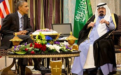 US President Barack Obama meets with Saudi King Abdullah at Rawdat Khuraim, Saudi Arabia on March 28, 2014. (photo credit: AP Photo/Pablo Martinez Monsivais)