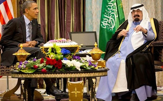 US President Barack Obama meets with Saudi King Abdullah at Rawdat Khuraim, Saudi Arabia on March 28, 2014. (photo credit: AP Photo/Pablo Martinez Monsivais) US President Barack Obama meets with Saudi King Abdullah at Rawdat Khuraim, Saudi Arabia on March 28, 2014. (photo credit: AP Photo/Pablo Martinez Monsivais)