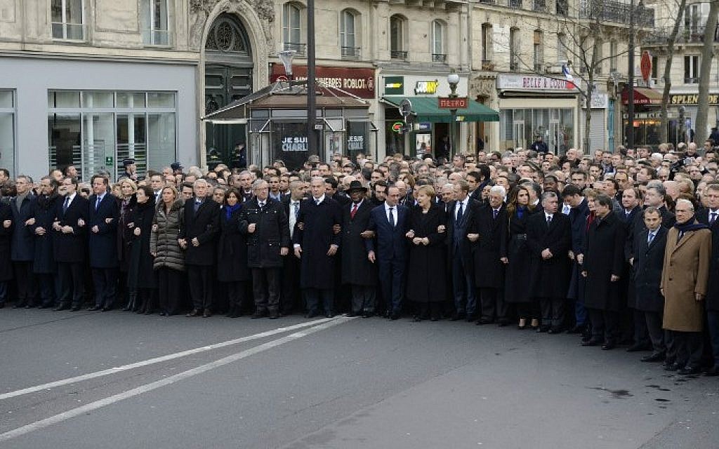 Dozens of heads of states taking part in a unity rally in Paris in tribute to the 17 victims of the three-day killing spree,  January 11, 2015 (photo credit: AFP/ERIC FEFERBERG)