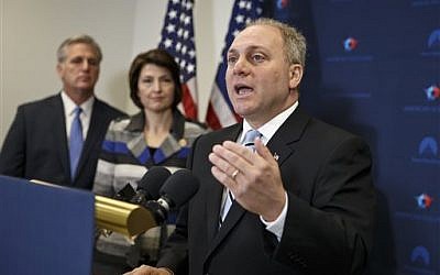 FILE - In this Nov. 18, 2014 file photo, House Majority Whip Steve Scalise of La., right, with House Majority Leader Kevin McCarthy of Calif., left, and Rep. Cathy McMorris Rodgers, R-Wash., speaks to reporters on Capitol Hill in Washington, following a House GOP caucus meeting. (photo credit: AP Photo/J. Scott Applewhite, File)