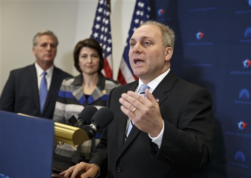 FILE - In this Nov. 18, 2014 file photo, House Majority Whip Steve Scalise of La., right, with House Majority Leader Kevin McCarthy of Calif., left, and Rep. Cathy McMorris Rodgers, R-Wash., speaks to reporters on Capitol Hill in Washington, following a House GOP caucus meeting. (photo credit: AP Photo/J. Scott Applewhite, File) FILE - In this Nov. 18, 2014 file photo, House Majority Whip Steve Scalise of La., right, with House Majority Leader Kevin McCarthy of Calif., left, and Rep. Cathy McMorris Rodgers, R-Wash., speaks to reporters on Capitol Hill in Washington, following a House GOP caucus meeting. (photo credit: AP Photo/J. Scott Applewhite, File)