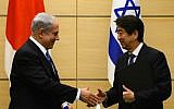 Israeli Prime Minister Benjamin Netanyahu, left, meeting Japanese Prime Minister Shinzo Abe in Tokyo, May 14, 2014. (Kobi Gideon/GPO/via JTA)