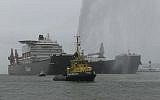 The Pieter Schelte, one of the largest ships in the world, ports in Rotterdam, January 8, 2015. (screen capture: AFP)