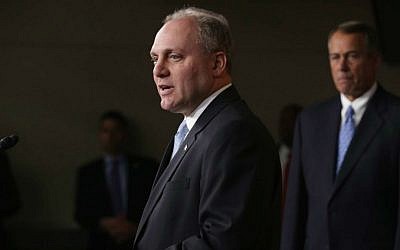 US House Majority Whip Steve Scalise (R-Louisiana) joins then-House speaker John Boehner, center, and other members of the newly-elected House Republican leadership team for a news conference at the US Capitol, Nov. 13, 2014 in Washington, DC. (Chip Somodevilla/Getty Images/via JTA)