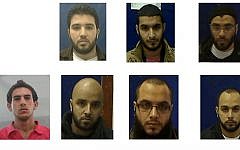 Israeli citizens suspected of membership in a local Islamic State. Clockwise from top right: Adnan Ala a-Din, alah Abu Salah, Fadi BAshir, Khaled abu Salah, Muhammad abu Salah, Husam Marisat, and Karim abu Salah (photo credit: Shin Bet)