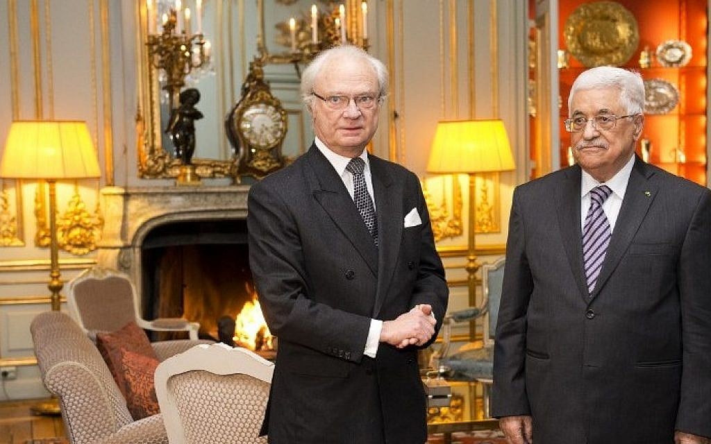 Palestinian Authority President Mahmoud Abbas (R) poses for a picture with Sweden's King Carl Gustaf on February 10, 2015 at the Royal Palace in Stockholm. (Photo credit: Jonathan Nackstrand/AFP) Palestinian Authority President Mahmoud Abbas (R) poses for a picture with Sweden's King Carl Gustaf on February 10, 2015 at the Royal Palace in Stockholm. (Photo credit: Jonathan Nackstrand/AFP)