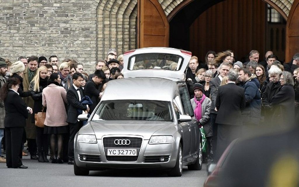 The coffin of Danish filmmaker Finn Noergaard is carried out of the Grundtvigs Kirke church during his funeral ceremony in Copenhagen on Febuary 24, 2015. (photo credit: Niels Ahlmann Olesen/Scanpix Denmark/AFP) The coffin of Danish filmmaker Finn Noergaard is carried out of the Grundtvigs Kirke church during his funeral ceremony in Copenhagen on Febuary 24, 2015. (photo credit: Niels Ahlmann Olesen/Scanpix Denmark/AFP)