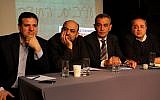 Joint Arab List members (from left to right), Ayman Odeh, Masud Ghanayem, Jamal Zahalka and Ahmad Tibi sit together during a press conference in Tel Aviv on February 11, 2015. (photo credit: AFP/GIL COHEN-MAGEN)