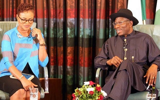 Nigerian President Goodluck Jonathan (right) speaks, flanked by broadcaster and publisher Adesuwa Onyenokwe, during a nationally broadcast interview with journalists in Abuja on February 11, 2015. (photo credit: AFP/Stringer) Nigerian President Goodluck Jonathan (right) speaks, flanked by broadcaster and publisher Adesuwa Onyenokwe, during a nationally broadcast interview with journalists in Abuja on February 11, 2015. (photo credit: AFP/Stringer)