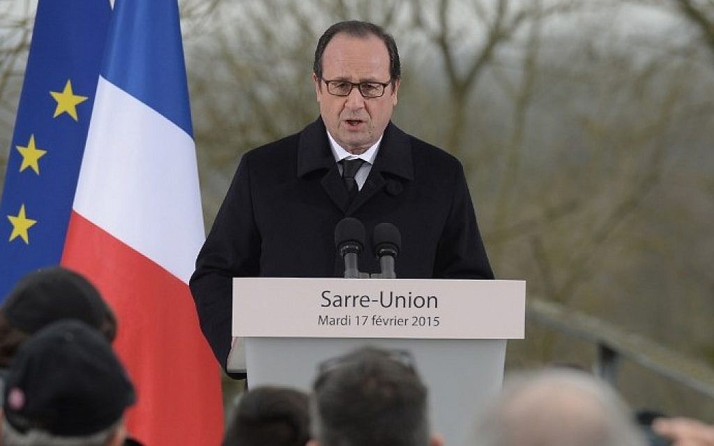 French President Francois Hollande delivers a speech during a ceremony at the Jewish cemetery in Sarre-Union, eastern France, on February 17, 2015. (photo credit: AFP/Patrick Hertzog)
