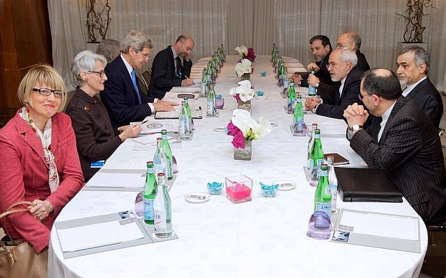 US and Iranian officials meeting in Geneva on February 23, 2015 (photo credit: US State Department)