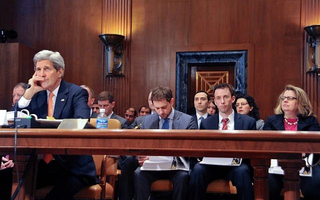 John Kerry, far left, speaking to US lawmakers in Washington on February 24, 2015. (photo credit: US State Department) John Kerry, far left, speaking to US lawmakers in Washington on February 24, 2015. (photo credit: US State Department)