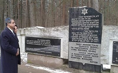 Israel's ambassador to Lithuania Amir Maymon visit a memroial for victims of the Ponary Forest Massacre, in Lithuania, February 4, 2015. (photo credit: Foreign Ministry)