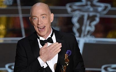 J.K. Simmons accepts the award for best actor in a supporting role for “Whiplash” at the Oscars on Sunday, Feb. 22, 2015, at the Dolby Theatre in Los Angeles. (Photo credit: John Shearer/Invision/AP)