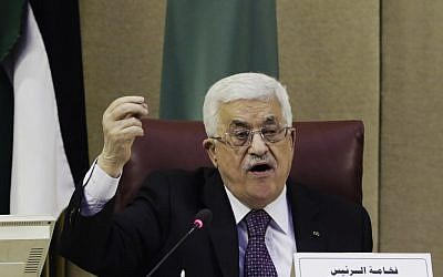 Palestinian Authority President Mahmoud Abbas speaks during an Arab foreign ministers meeting at the Arab League headquarters in Cairo, Egypt, Thursday, Jan. 15, 2015. (Photo credit: AP/Amr Nabil)