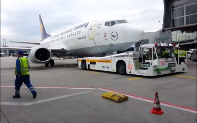 The Taxibot in trial use at Frankfurt airport. (photo credit: Youtube screenshot/Ohad Doron)