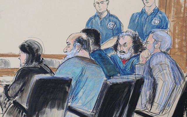 In this Oct. 6, 2012 courtroom drawing, seated from left, defense attorney Sabrina Shroff, defendants Kahlid al-Fawwaz and Adel Abdul Bary and attorney Andrew Patel appear before a judge in Manhattan federal court in New York. (photo credit: AP/Elizabeth Williams) In this Oct. 6, 2012 courtroom drawing, seated from left, defense attorney Sabrina Shroff, defendants Kahlid al-Fawwaz and Adel Abdul Bary and attorney Andrew Patel appear before a judge in Manhattan federal court in New York. (photo credit: AP/Elizabeth Williams)