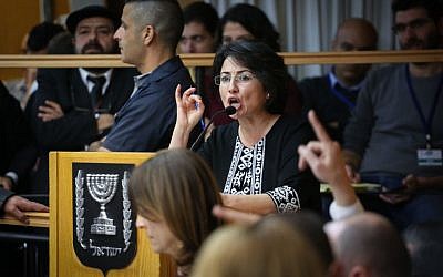 Arab-Israeli parliament member Hanin Zoabi speaks at the Central Elections Committee in the Israeli parliament on February 12, 2015. (Photo credit: Hadas Parush/FLASH90)