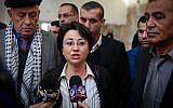 MK Hanin Zoabi speaks to the press on February 17, 2015 (Hadas Parush/FLASH90)