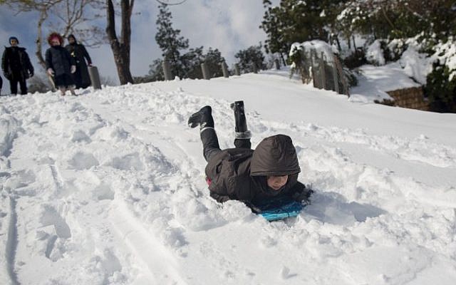 Kids sliding in the snow in the snow covered Independence park in Jerusalem on a snowy winter morning. February 20, 2015. (Photo credit: Yonatan Sindel/Flash90) Kids sliding in the snow in the snow covered Independence park in Jerusalem on a snowy winter morning. February 20, 2015. (Photo credit: Yonatan Sindel/Flash90)