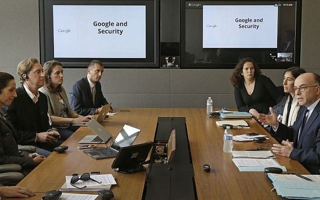 French Interior Minister Bernard Cazeneuve, right, gestures during a meeting with Google executives Friday, February 20, 2015, at Google headquarters in Mountain View, California (Photo credit: Ben Margot/AP) French Interior Minister Bernard Cazeneuve, right, gestures during a meeting with Google executives Friday, February 20, 2015, at Google headquarters in Mountain View, California (Photo credit: Ben Margot/AP)