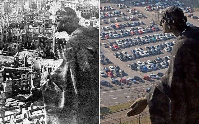 The combination of two photos shows August Schreitmueller's sandstone sculpture "The Goodness" from the Rathausturm (Townhall Tower) overlooking the destroyed city of Dresden, eastern Germany, in 1945, left, and on February 12, 2015 above a parking lot (Photo credit: ADN, Jens Meyes/AP)
