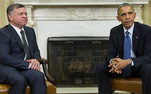 President Barack Obama, right, meets with King Abdullah II of Jordan in the Oval Office of the White House, on Tuesday, Feb. 3, 2015, in Washington. (photo credit: AP/Evan Vucci)