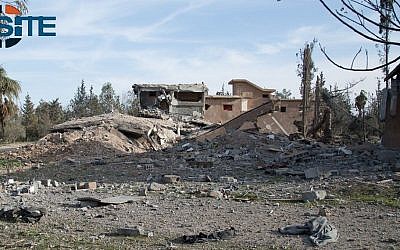 An image posted Friday, February 6, 2015 by the Islamic State allegedly showing the destroyed building in which the group claims US hostage Kayla Jean Mueller was being held. (Photo credit: SITE)