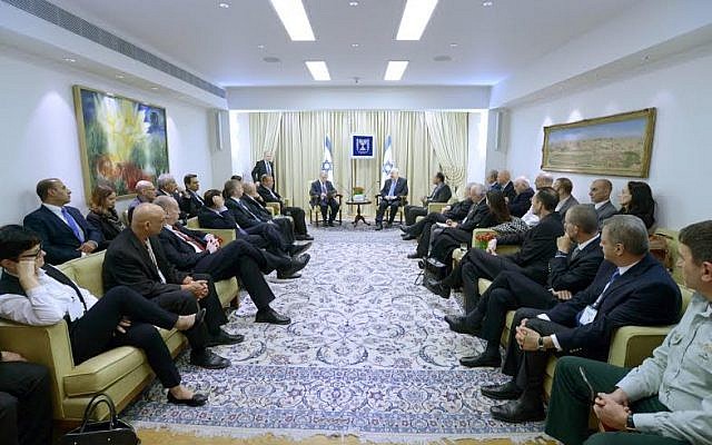 President Reuven Rivlin meets with business leaders at his residence in Jerusalem to tackle the underemployment of Arabs in the private sector, February 8, 2015 (photo credit: Mark Neyman/GPO)