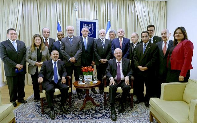 President Reuven Rivlin meets with ambassadors from Latin American countries in February 2015 (photo credit: Mark Neyman/GPO)