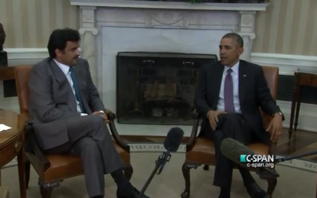 US President Barack Obama meets with Qatari Emir Sheikh Tamim bin Hamad al-Thani in the Oval Office on February 24, 2015. (screen capture: C-SPAN) US President Barack Obama meets with Qatari Emir Sheikh Tamim bin Hamad al-Thani in the Oval Office on February 24, 2015. (screen capture: C-SPAN)