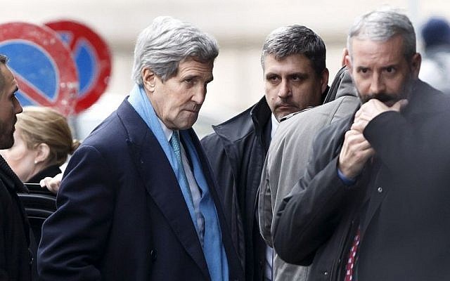 US Secretary of State John Kerry, center, arrives at the hotel prior to a bilateral meeting with Iranian Foreign Minister Mohammad Javad Zarif for a new round of Nuclear Talks, in Geneva, Switzerland, Sunday, Feb. 22, 2015. (photo credit: AP/Keystone,Salvatore Di Nolfi) US Secretary of State John Kerry, center, arrives at the hotel prior to a bilateral meeting with Iranian Foreign Minister Mohammad Javad Zarif for a new round of Nuclear Talks, in Geneva, Switzerland, Sunday, Feb. 22, 2015. (photo credit: AP/Keystone,Salvatore Di Nolfi)
