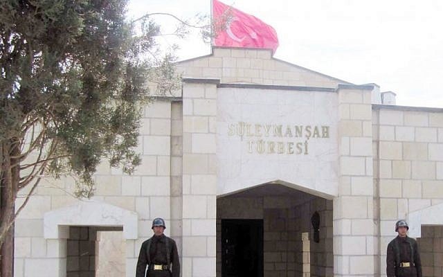 In this April 7, 2011 file photo, Turkish soldiers stand guard at the entrance of the memorial site of Suleyman Shah, grandfather of Osman I, founder of the Ottoman Empire, in Karakozak village, northeast of Aleppo, Syria. (photo credit: AP) In this April 7, 2011 file photo, Turkish soldiers stand guard at the entrance of the memorial site of Suleyman Shah, grandfather of Osman I, founder of the Ottoman Empire, in Karakozak village, northeast of Aleppo, Syria. (photo credit: AP)