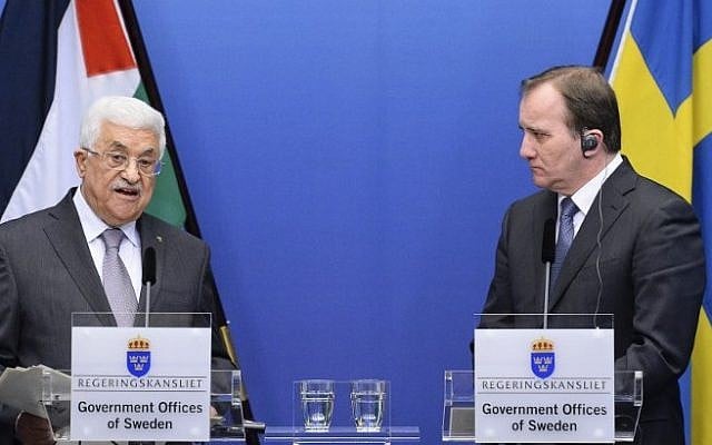 Prime Minister of Sweden Stefan Loefven (R) and Palestinian president Mahmoud Abbas hold a joint press conference in Stockholm on February 10, 2015. (Photo credit: AFP photo/Jonathan Nackstrand) Prime Minister of Sweden Stefan Loefven (R) and Palestinian president Mahmoud Abbas hold a joint press conference in Stockholm on February 10, 2015. (Photo credit: AFP photo/Jonathan Nackstrand)
