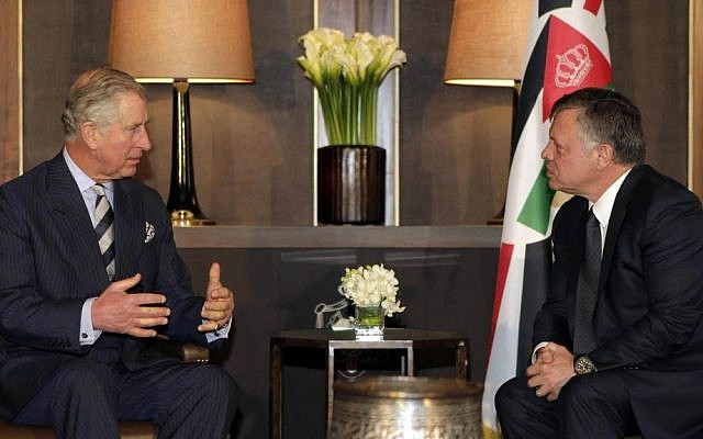 Britain's Prince Charles, left, meets with Jordan's King Abdullah II in Amman, Jordan, Sunday, February 8, 2015. (photo credit: AP Photo/Khalil Mazrawi, Pool) Britain's Prince Charles, left, meets with Jordan's King Abdullah II in Amman, Jordan, Sunday, February 8, 2015. (photo credit: AP Photo/Khalil Mazrawi, Pool)
