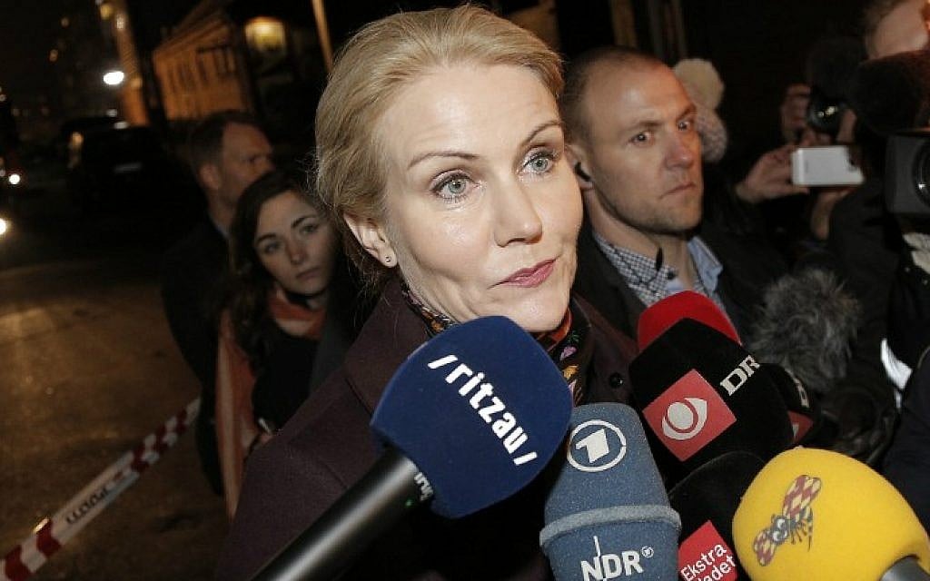 Prime Minister Helle Thorning Schmidt speaks to journalists at a cultural center in Kanonhallen in Oesterbro, a district of Copenhagen, Denmark, where shots were fired during a debate on Islam and free speech on February 14, 2015.
(photo credit: AFP/ Scanpix Denmark/Martin Sylvest)