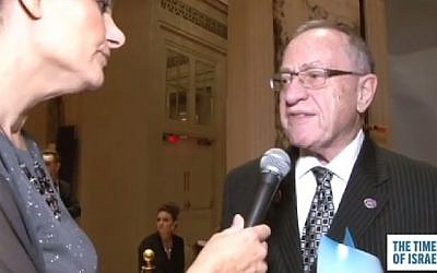 Professor Alan Dershowitz speaks to Ops & Blogs Editor Miriam Hershlag at the Times of Israel Gala in New York on February 15, 2015. (Photo credit: Screenshot)