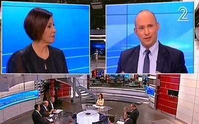 Zahava Gal-on and Naftali Bennett speaking during a televised debate on February 26, 2014. (screen capture: Channel 2)