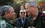 Then-IDF chief Gantz, then-defense minister Ehud Barak, and Maj. Gen. Gadi Eisenkot during a February 15, 2011, tour of the northern border (Ministry of Defense/ Flash 90)