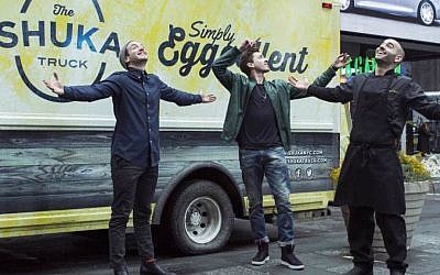 From left, Josh Sharon, Solomon Taraboulsi and Gabriel Israel with The Shuka Truck in midtown Manhattan. (Courtesy of The Shuka Truck)