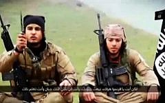 Illustrative: A screenshot of a Islamic State video released in February 2015 that encourages Muslims in France and Belgium to conduct terrorist attacks in their home countries. The two men pictured are French-speaking foreign jihadists. (screen capture: al-Jazeera)