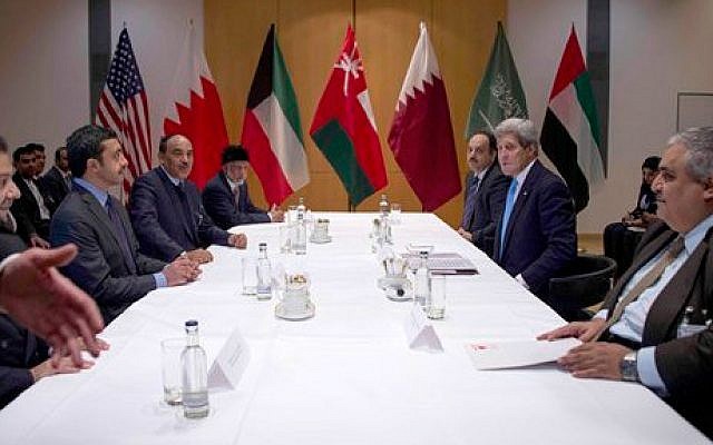 Secretary of State John Kerry, second from right, meets with Bahraini Foreign Minister Sheikh Khaled bin Ahmed Al Khalifa, right, Qatar Foreign Minister Khalid bin Mohammad al-Attiya, third from right,,Oman Foreign Minister Yousef bin Alawi bin Abdullah, fourth from left, Kuwait First Deputy Prime Minister and Foreign Minister Sheikh Sabah Khaled Al-Hamad Al-Sabah, third from left, United Arab Emirates Foreign Minister Sheik Abdullah bin Zayed second from left, and Saudi Arabia Deputy Foreign Minister Abdul Aziz, Friday, Feb. 6, 2015, during a meeting of the Gulf Co-operation Council (GCC) as part of the Munich Security Conference (MSC) in Munich, southern Germany (photo credit: AP/Jim watson, Pool) Secretary of State John Kerry, second from right, meets with Bahraini Foreign Minister Sheikh Khaled bin Ahmed Al Khalifa, right, Qatar Foreign Minister Khalid bin Mohammad al-Attiya, third from right,,Oman Foreign Minister Yousef bin Alawi bin Abdullah, fourth from left, Kuwait First Deputy Prime Minister and Foreign Minister Sheikh Sabah Khaled Al-Hamad Al-Sabah, third from left, United Arab Emirates Foreign Minister Sheik Abdullah bin Zayed second from left, and Saudi Arabia Deputy Foreign Minister Abdul Aziz, Friday, Feb. 6, 2015, during a meeting of the Gulf Co-operation Council (GCC) as part of the Munich Security Conference (MSC) in Munich, southern Germany (photo credit: AP/Jim watson, Pool)