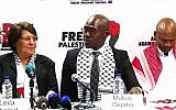 PFLP terrorist hijacker Leila Khaled, left, with ANC officials in South Africa on February 6, 2015. (screen capture: YouTube/BDS South Africa)