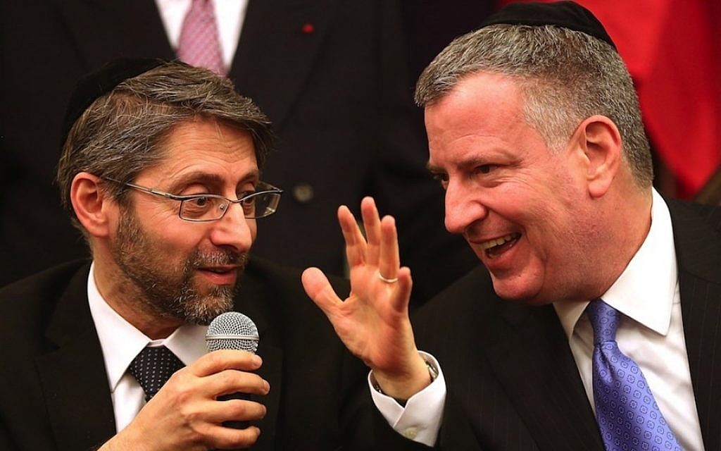French Chief Rabbi Haim Korsia, left, and New York City Mayor Bill de Blasio at Park East Synagogue in New York, February 19, 2015. (Spencer Platt/Getty Images/JTA) French Chief Rabbi Haim Korsia, left, and New York City Mayor Bill de Blasio at Park East Synagogue in New York, February 19, 2015. (Spencer Platt/Getty Images/JTA)