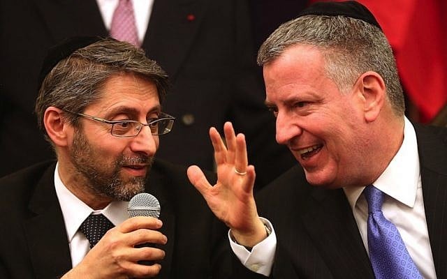 French Chief Rabbi Haim Korsia, left, and New York City Mayor Bill de Blasio at Park East Synagogue in New York, February 19, 2015 (Photo credit: Spencer Platt/Getty Images/JTA) French Chief Rabbi Haim Korsia, left, and New York City Mayor Bill de Blasio at Park East Synagogue in New York, February 19, 2015 (Photo credit: Spencer Platt/Getty Images/JTA)