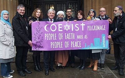 Participants in London's Coexist Pilgrimage on February 19, 2015. From left to right: Julie Siddiqi, John Witcombe, Margaret Cave, John Bercow MP, Ibrahim Mogra, Krish Raval, Shoshana Boyd Gelfand, Remona Aly, Michael Wakelin and Jonathan Wittenberg (credit Richard Verber/World Jewish Relief)