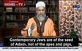Algerian Cleric Chemseddine el Djazairi explains Jews are not the descendants of apes and pigs, but of Adam on Feb. 8, 2015. (Screen capture: YouTube/MEMRITVVideos)