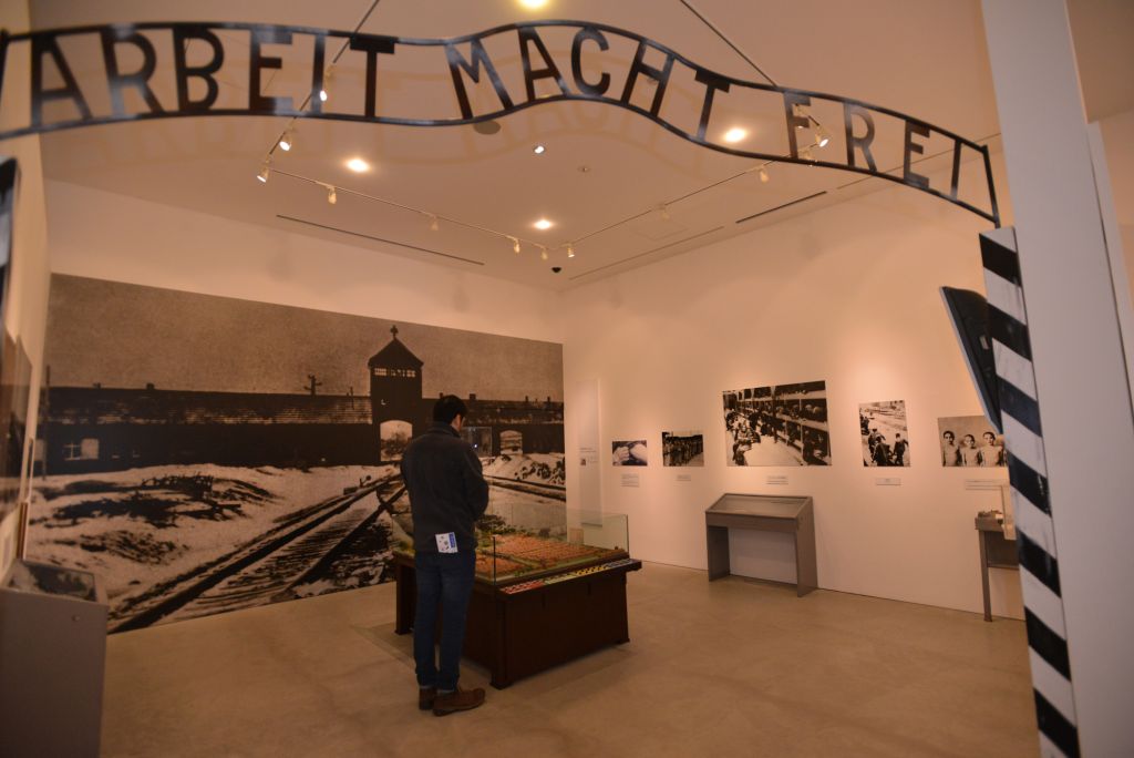 The entrance to the core display of the museum of the Holocaust Education Center in Fukuyama, with its replica of the infamous Auschwitz gate, Dec. 27, 2014. (Cnaan Liphshiz/JTA) The entrance to the core display of the museum of the Holocaust Education Center in Fukuyama, with its replica of the infamous Auschwitz gate, Dec. 27, 2014. (Cnaan Liphshiz/JTA)