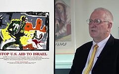 Dan Walsh, the owner and curator of the Palestine Poster Project Archives, which was nominated for inclusion into the UNESCO International Memory of the World Register, but blocked by the UNESCO director general, with one of the posters (screen capture: YouTube)